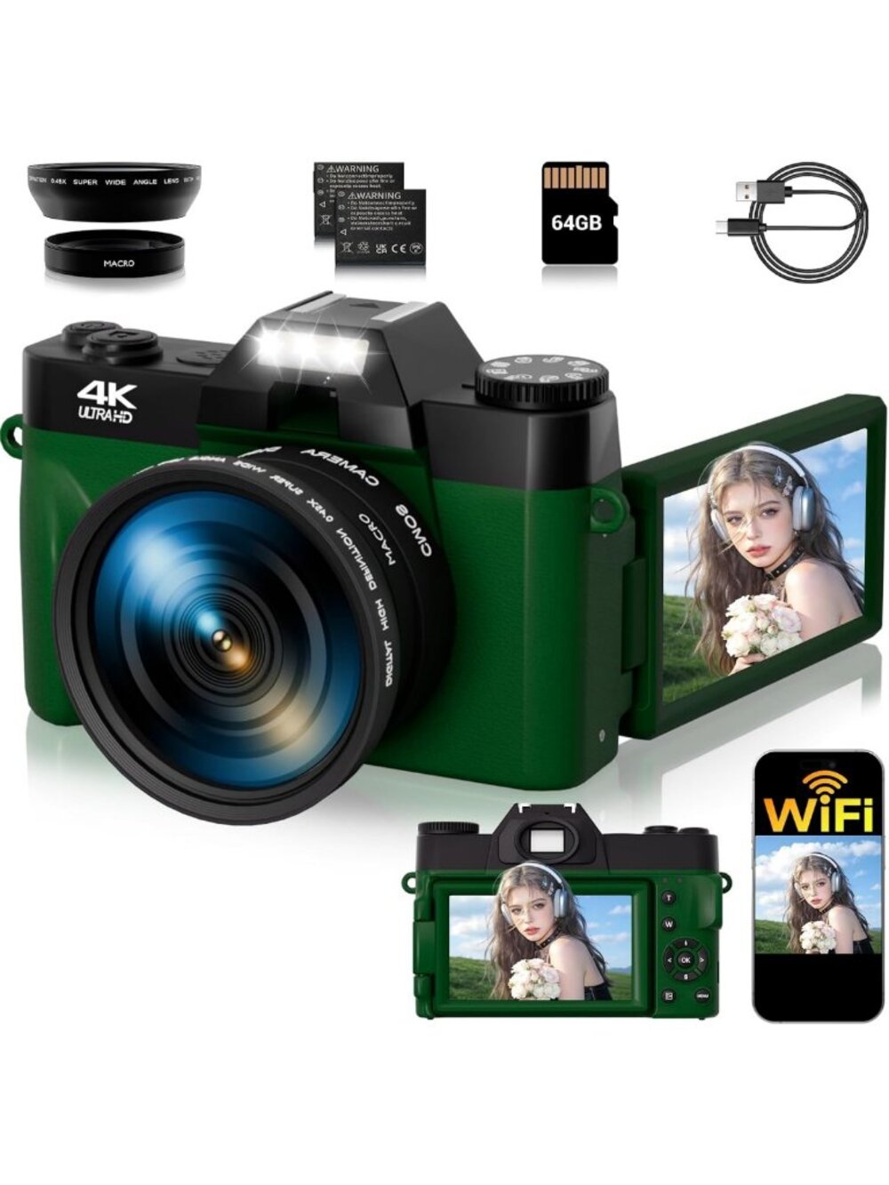 4K Digital Photography Camera, 75MP WiFi Vlogging, 180° Flip Screen, Compact